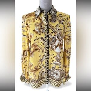 ALICE + OLIVIA Willa Blouson Tie Sleeve Yellow Gold Lisboa Lemon Print Top, Sm